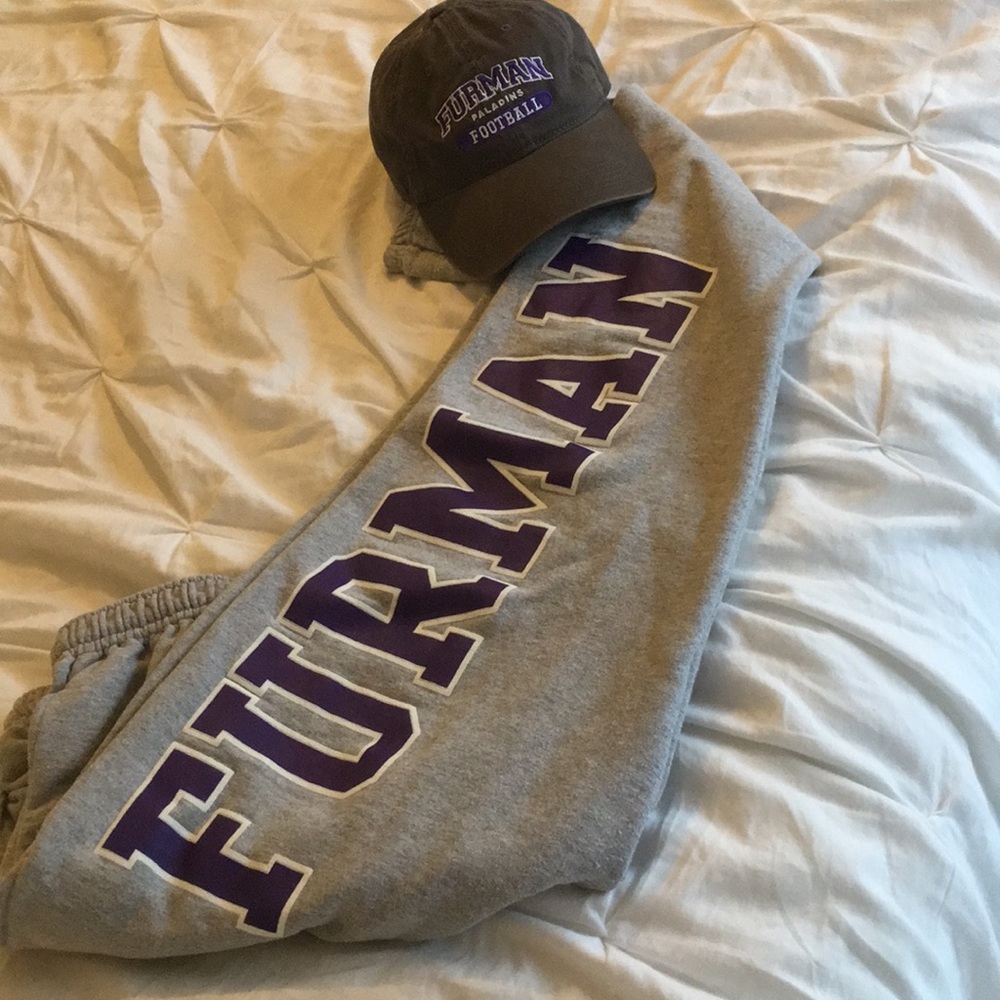 Furman U sweatpants by Champion and hat